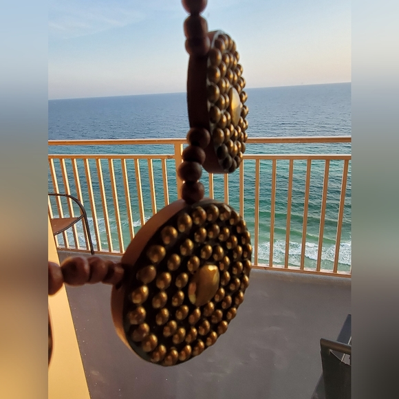 Artisan statement necklace wood brass studded studs disc's beads vintage boho - Picture 15 of 16